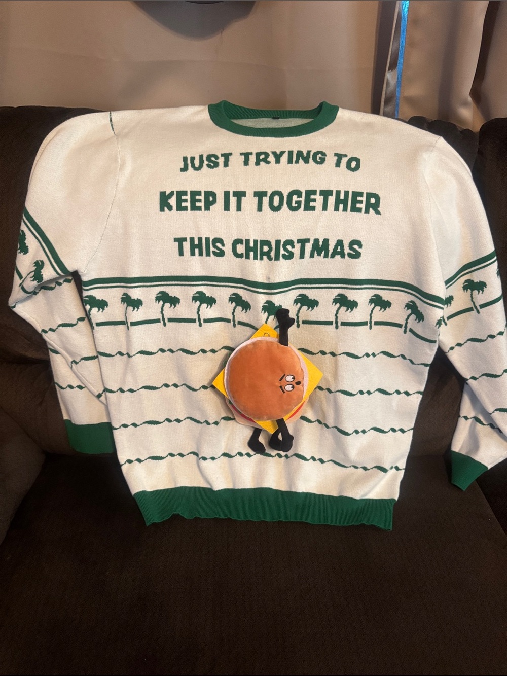 White & Green Crewneck Sweater with Holiday Text